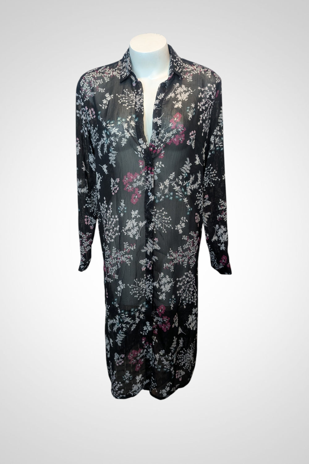 Chemise longue Cache Cache noire transparente motif floral fendue