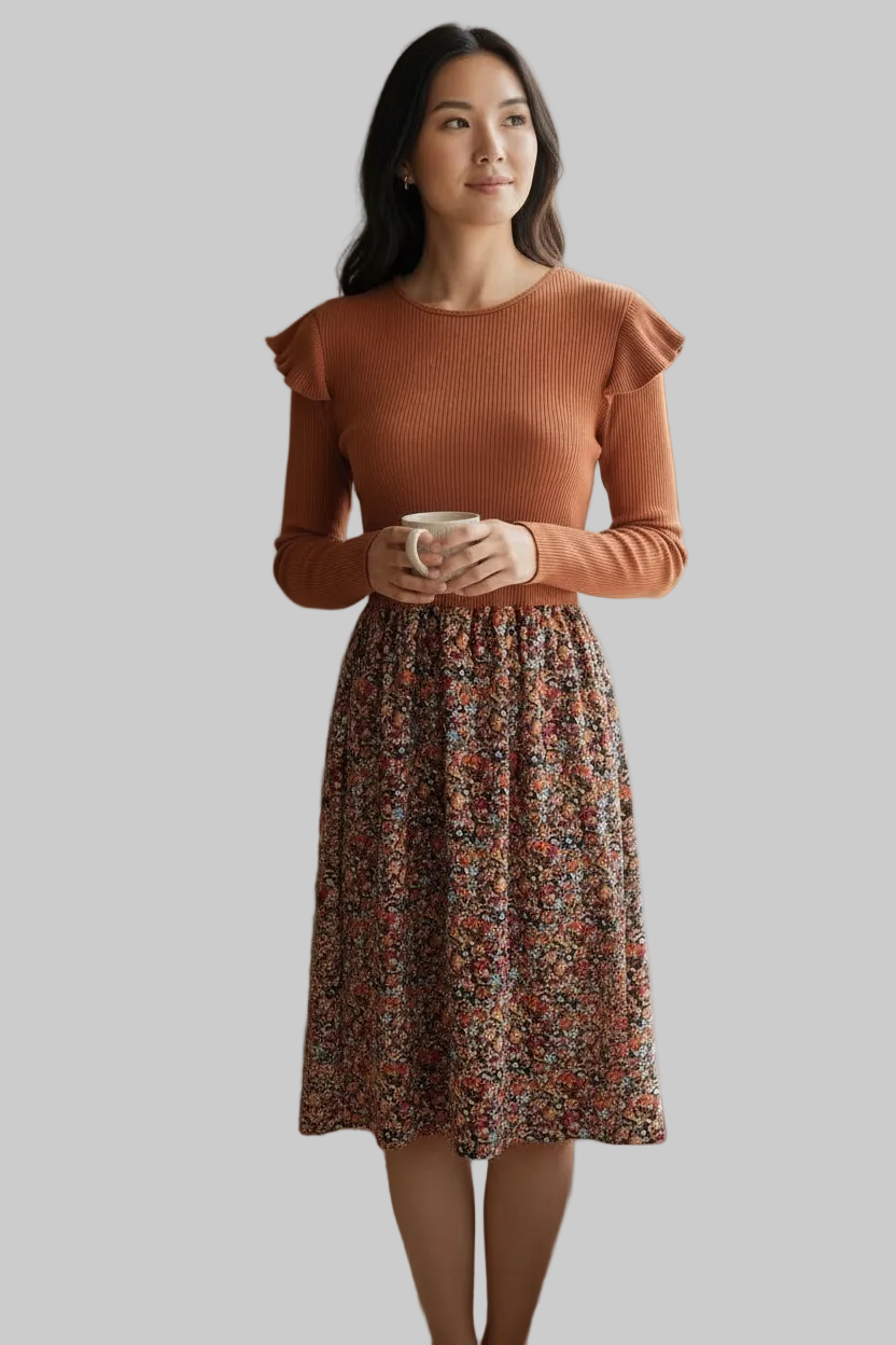 Robe femme Shein marron et fleurie jupe évasée taille L