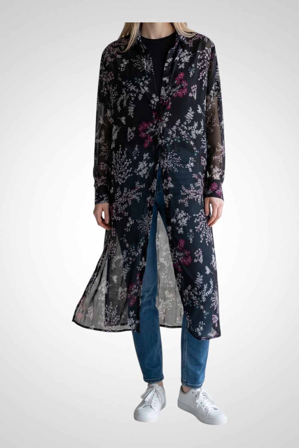 Chemise longue Cache Cache noire transparente motif floral fendue