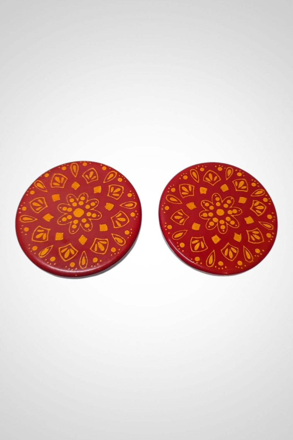 Lot de 2 sous-verres rouges céramique 9 cm motifs orange antidérapants