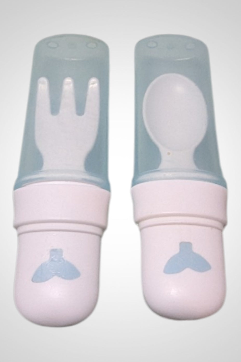 Cuillère et fourchette bébé blanches et bleu clair plastique très bon état