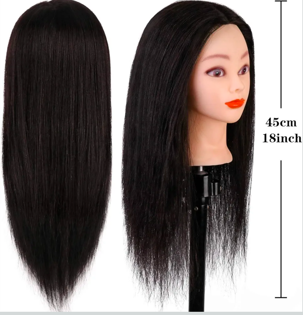 Tête de mannequin de coiffure 100% cheveux humains 18 pouces noir teintable avec étau et accessoires