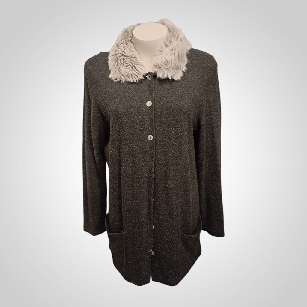 Gilet Mi-Long Roky Styl Taille 4 Gris Col Fourrure Chic