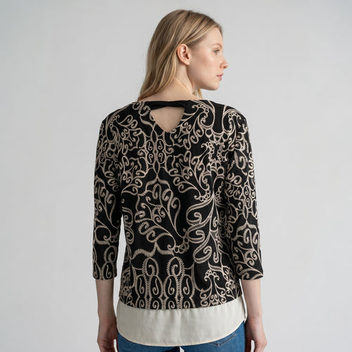Blouse femme élégante à motifs arabesques blancs manches 3/4 taille 3