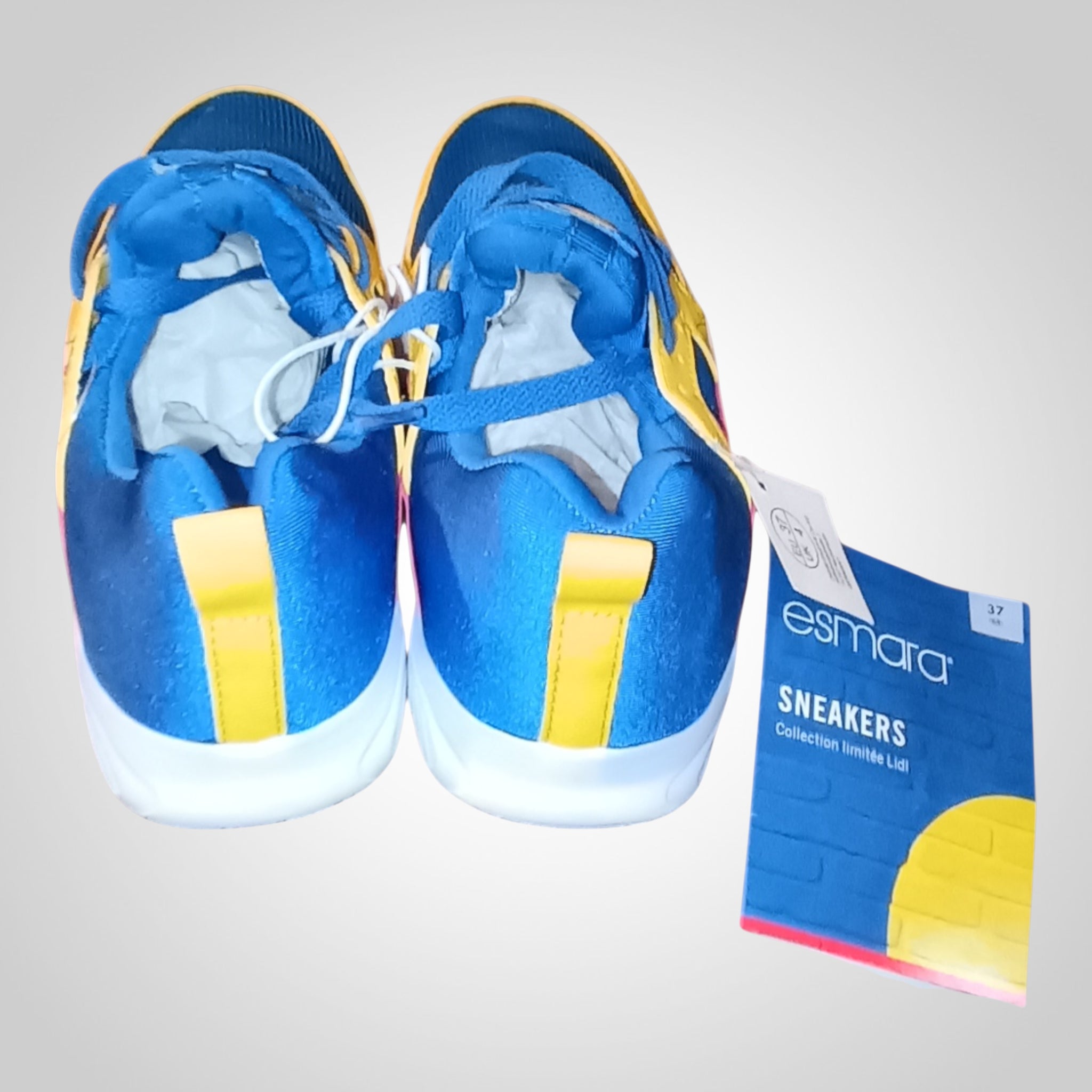 Sneakers Lidl Esmara Pointure 37 bleu jaune rouge lacets collection limitée