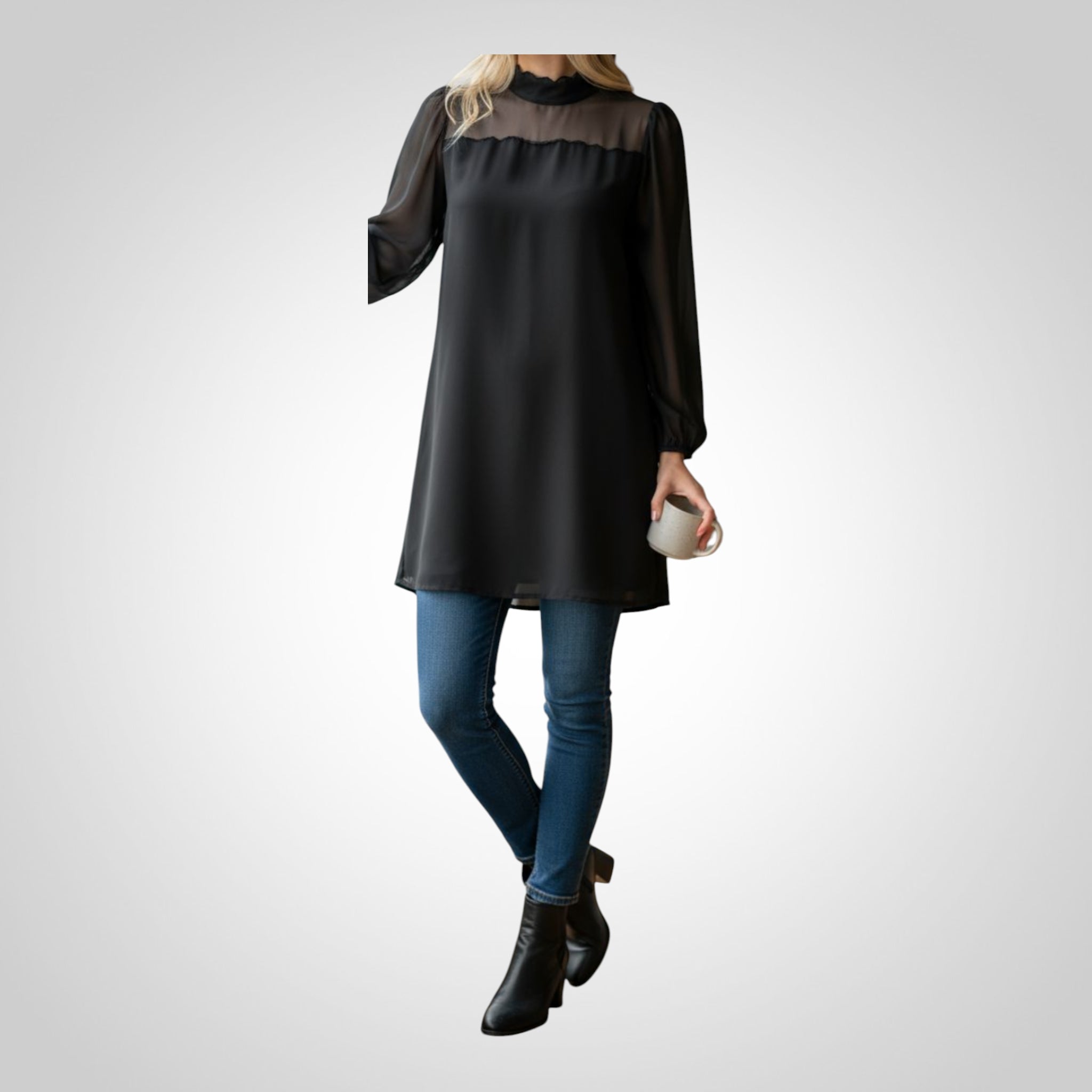 Robe Taille Unique Noire Manches Transparentes Noeud Dos Chic