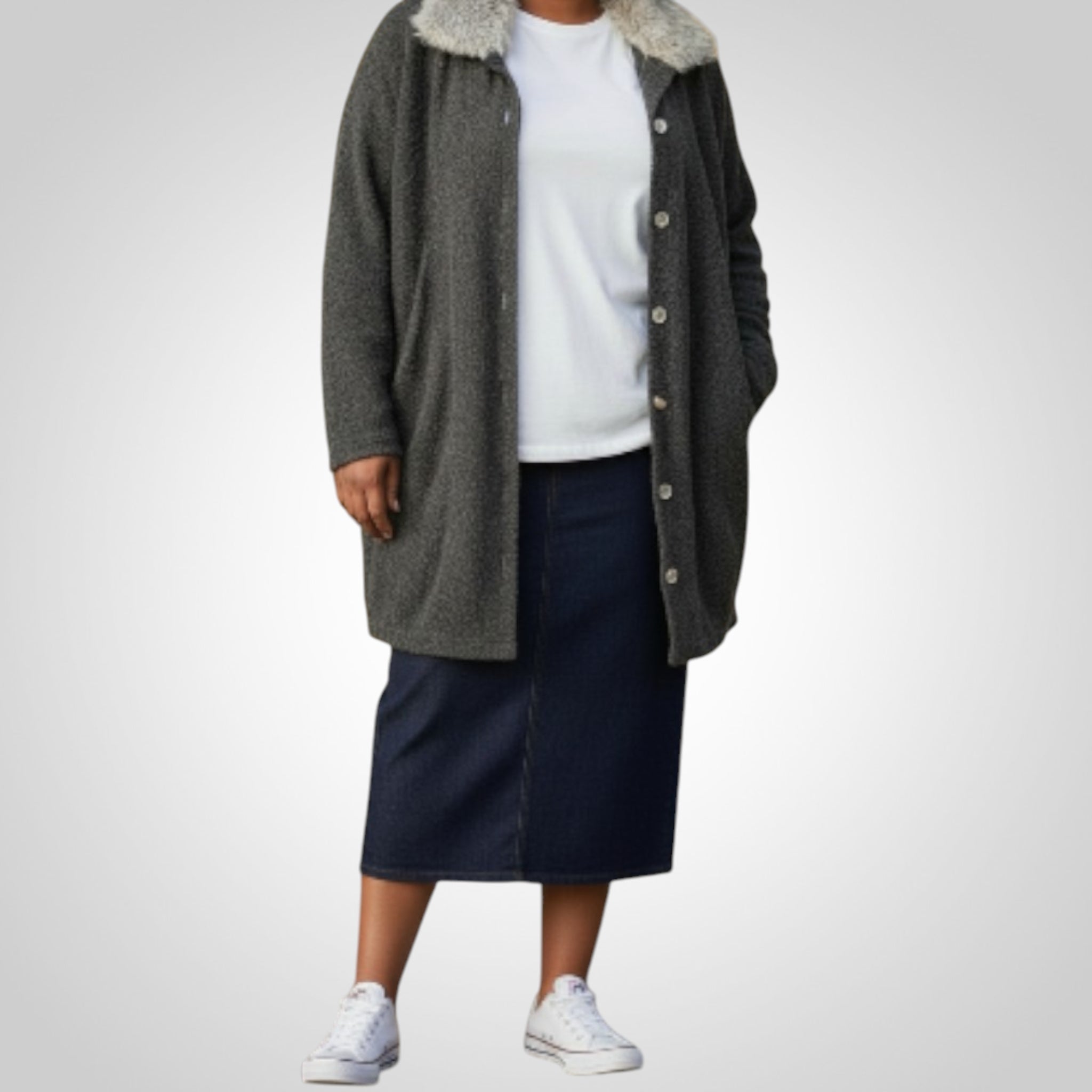 Gilet Mi-Long Roky Styl Taille 4 Gris Col Fourrure Chic