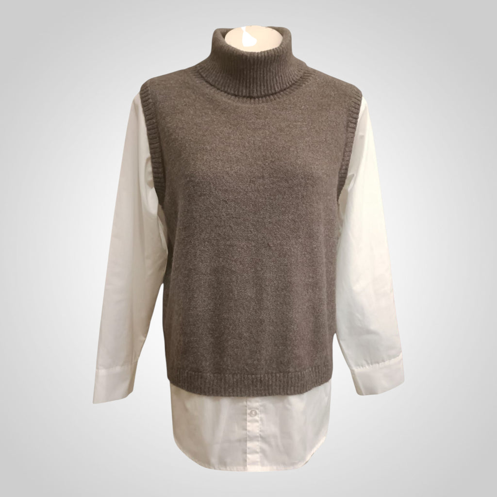 Pull 2-en-1 Tex Taille L Gris Effet Chemise Intégrée
