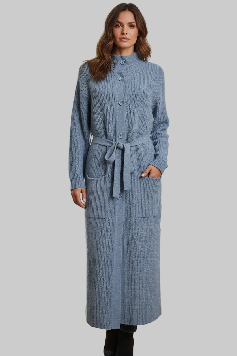 Gilet femme long épais alpaga col montant ceinturé