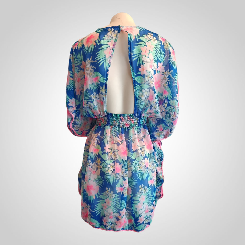 Robe de plage Jennyfer Taille M Bleu/Rose Imprimée Dos Nu