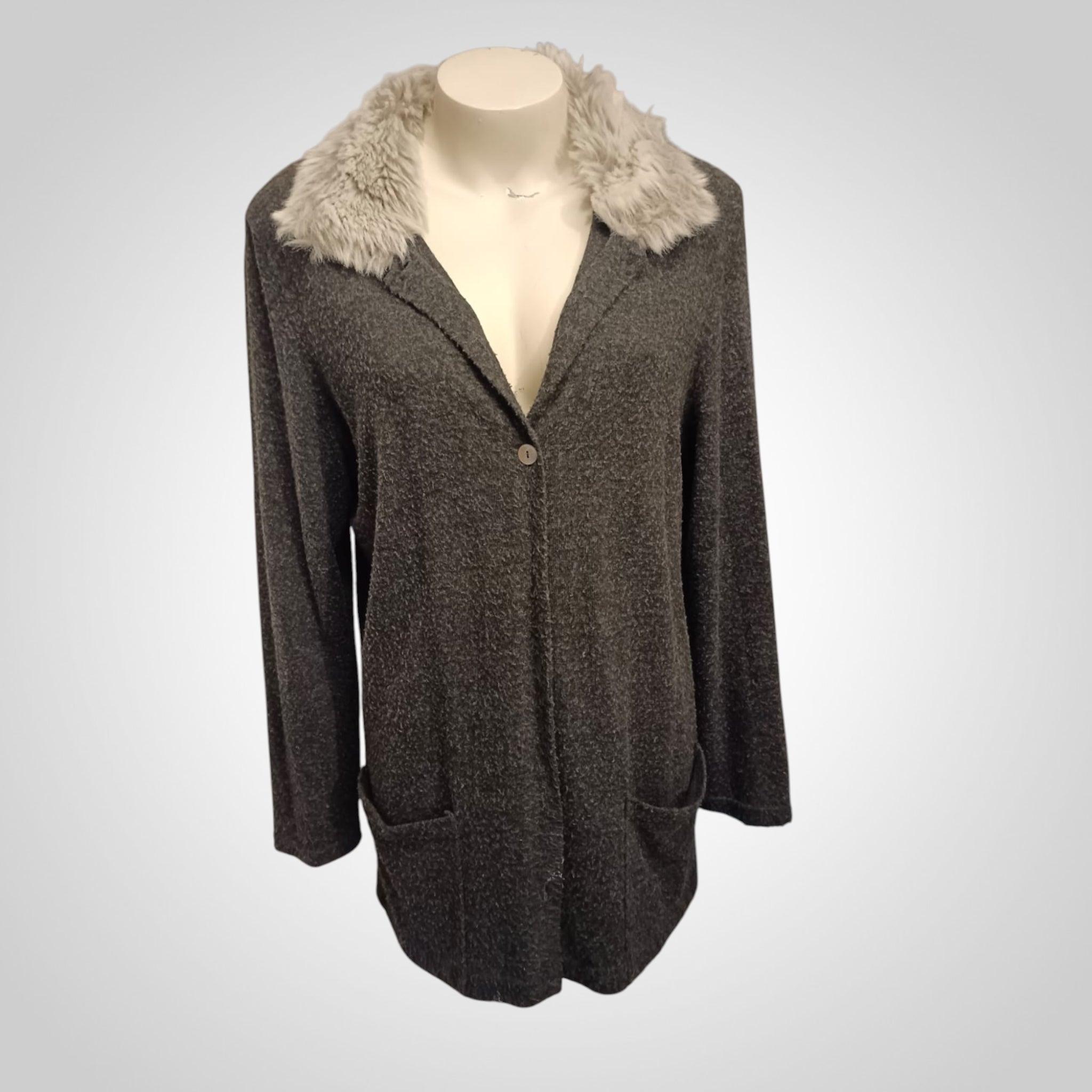 Gilet Mi-Long Roky Styl Taille 4 Gris Col Fourrure Chic