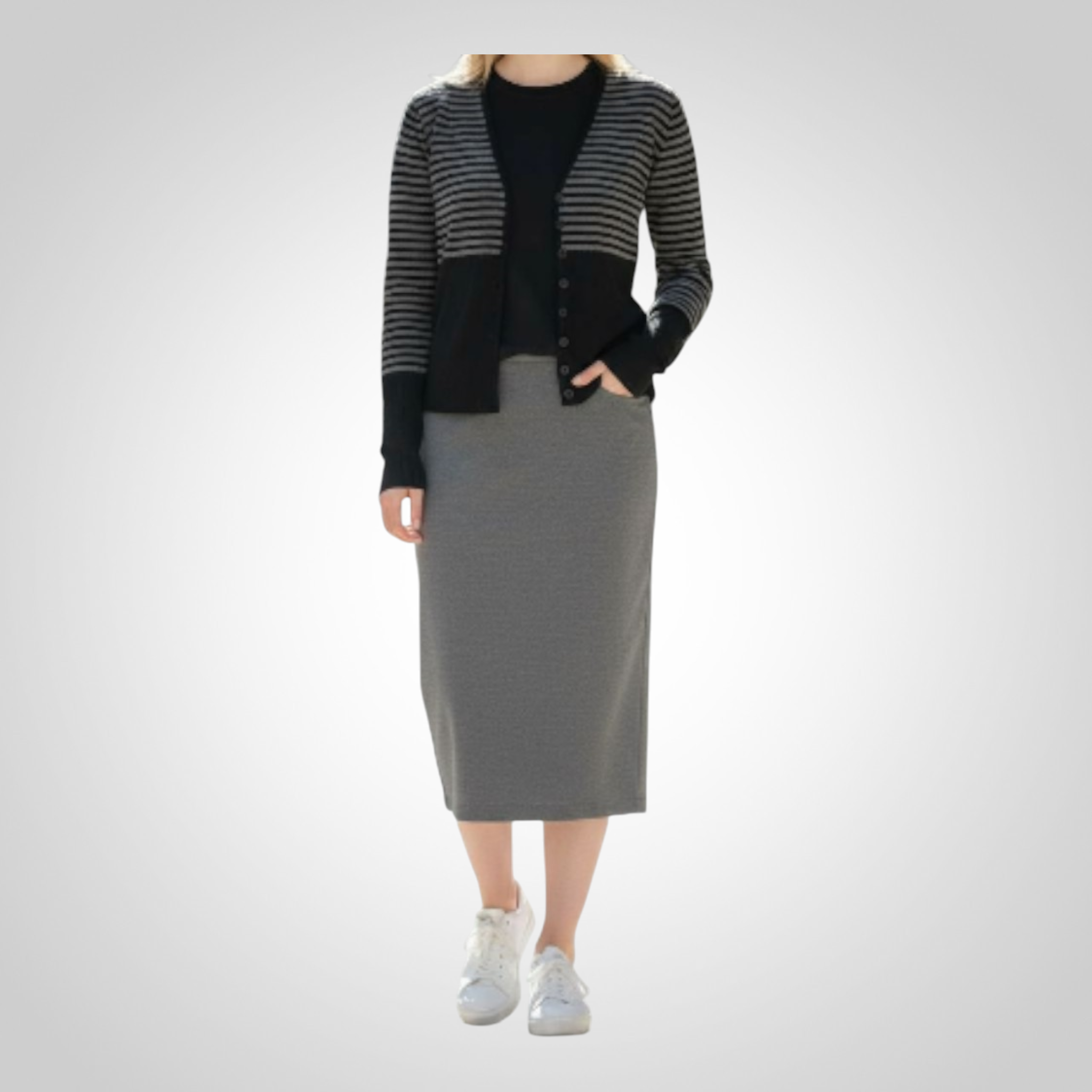 Cardigan Promod Taille Non indiquée Noir Rayé Gris Casual