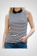 Débardeur Kiabi blanc rayé bleu marine col Claudine L