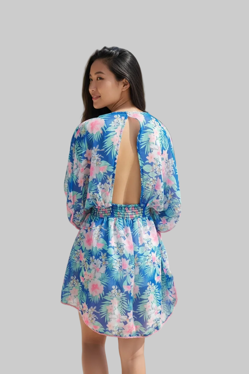 Robe de plage Jennyfer Taille M Bleu/Rose Imprimée Dos Nu