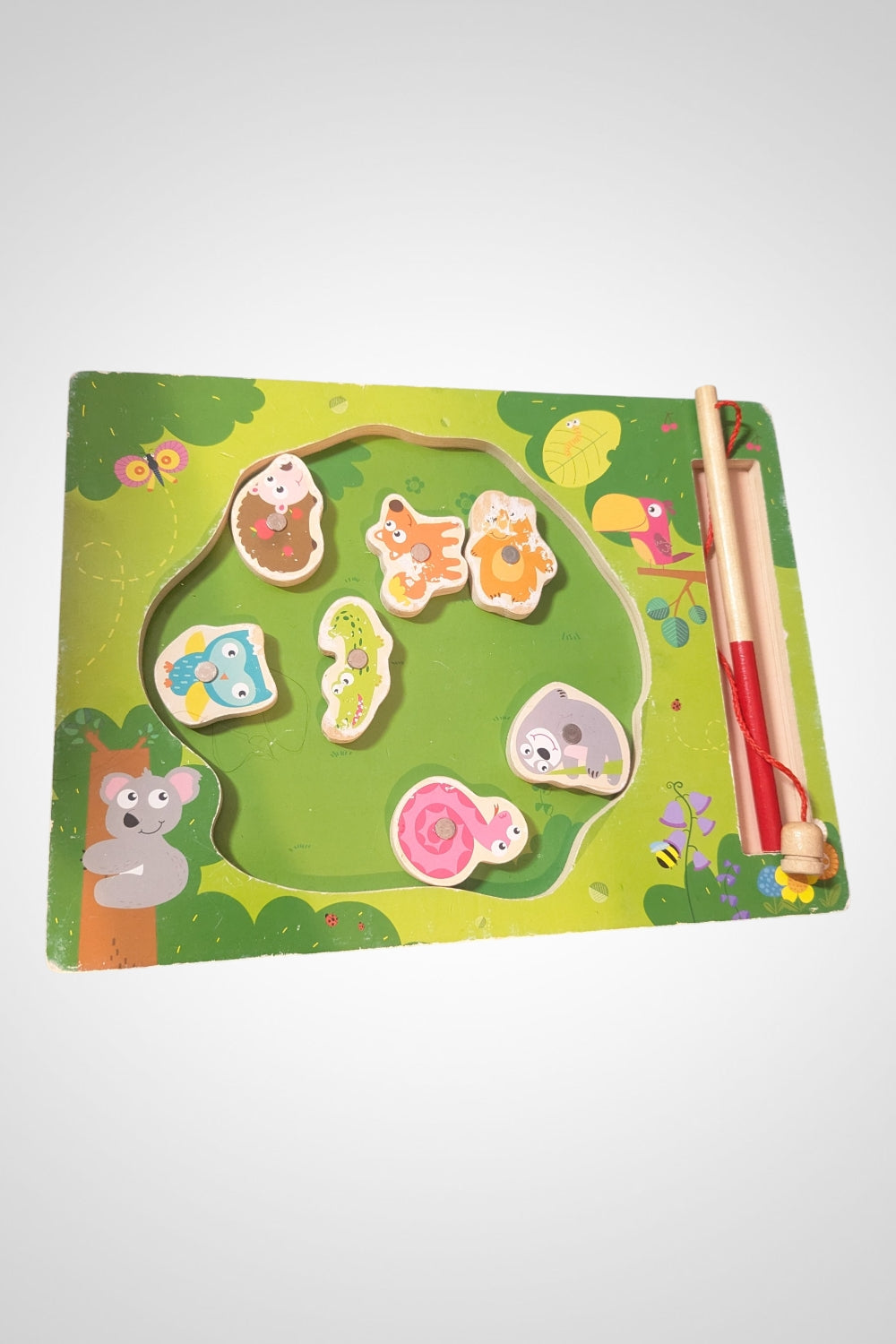 Plateau jeu de pêche en bois 7 animaux aimantés canne à pêche aimantée