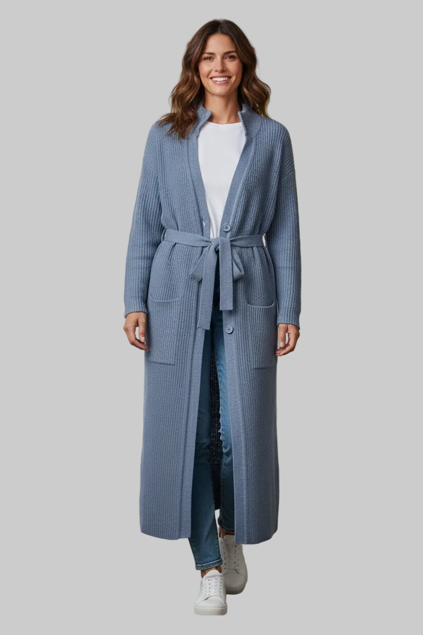 Gilet femme long épais alpaga col montant ceinturé