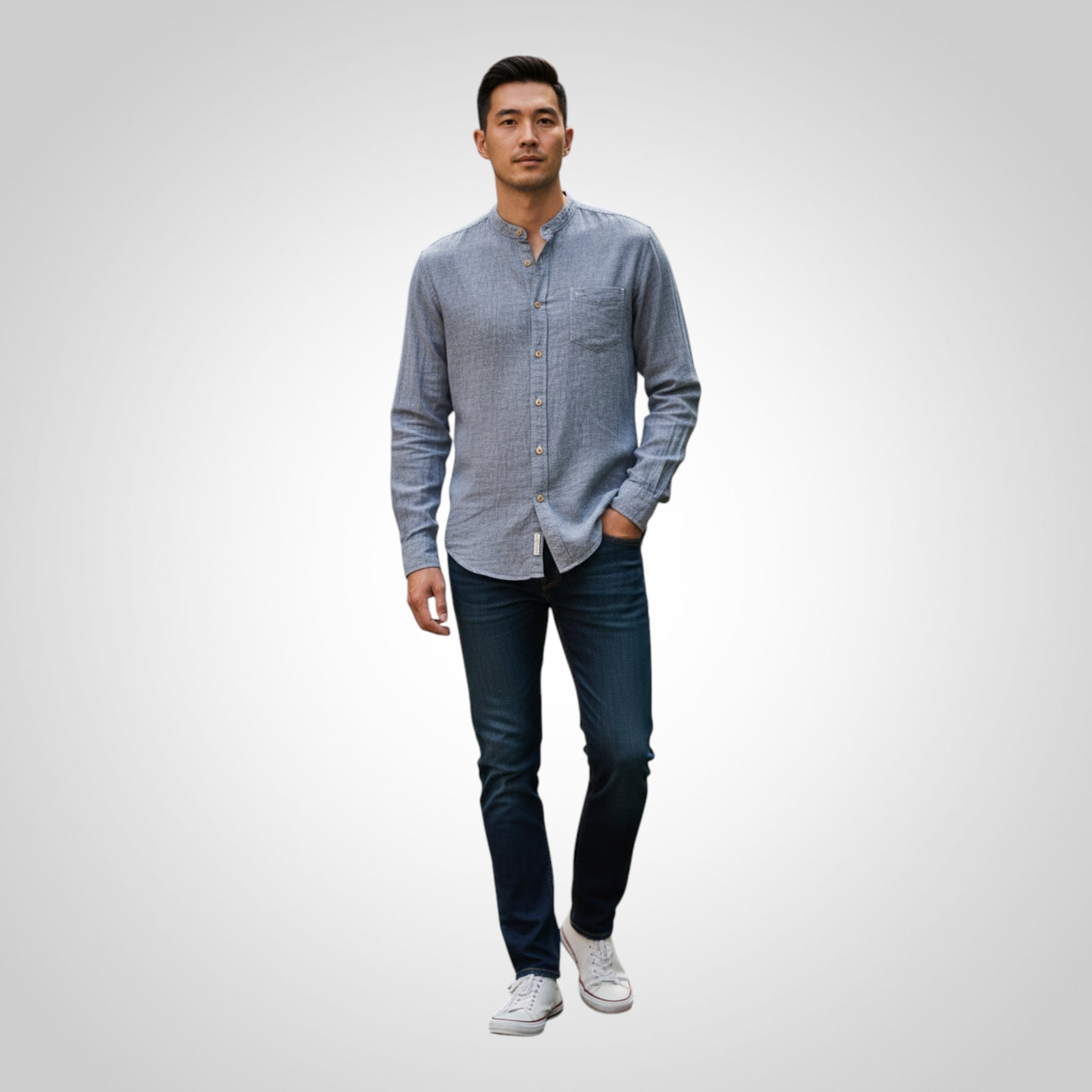 Chemise homme Kiabi manches longues col mao bleu clair taille M