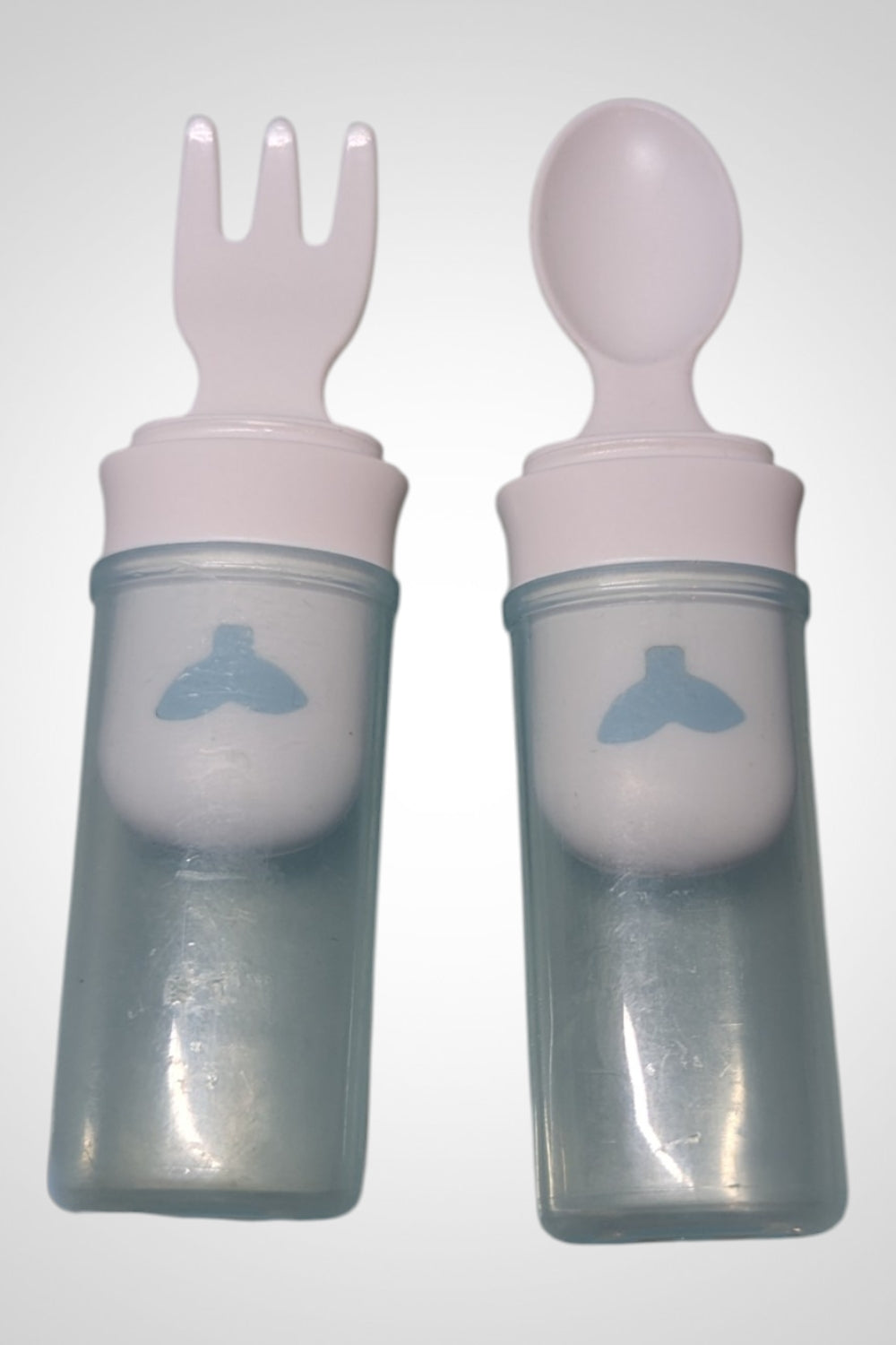 Cuillère et fourchette bébé blanches et bleu clair plastique très bon état